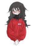  1girl black_hair blush closed_mouth clothes_writing cropped_legs glasses long_hair long_sleeves looking_at_viewer null-meta orange_eyes own_hands_together red-framed_eyewear red_sweater reitoubeef simple_background sketch solo souen_chiaki sweater turtleneck white_background 