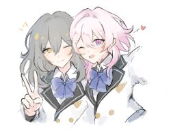  2girls blazer blue_bow blue_bowtie blue_eyes bow bowtie buttons closed_mouth collared_shirt commentary_request contrast_collar cropped_torso double-breasted graphia_academy_school_uniform grey_hair hair_between_eyes heart highres honkai:_star_rail honkai_(series) jacket long_hair march_7th_(honkai:_star_rail) multicolored_eyes multiple_girls one_eye_closed open_mouth pink_eyes pink_hair reaching reaching_towards_viewer sato_0204 school_uniform selfie shirt simple_background smile stelle_(honkai:_star_rail) trailblazer_(honkai:_star_rail) two-tone_eyes v white_background white_jacket white_shirt yellow_eyes 