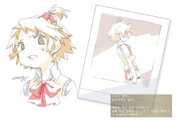  1boy bow bowtie brown_eyes brown_hair collared_shirt crossdressing crossdressing_(mtf) food-themed_hair_ornament from_side hair_ornament hanamura_yousuke hand_on_own_arm kkyagdoyo164972 korean_text looking_at_viewer male_focus multiple_views official_alternate_costume persona persona_4 ponytail red_bow red_bowtie shirt short_hair short_ponytail short_sleeves simple_background solo standing strawberry_hair_ornament sweater_vest translation_request vest white_background white_shirt yellow_vest 