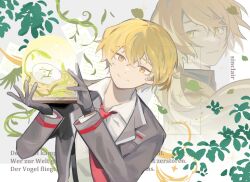  2boys a_certain_sinclair_(project_moon) black_gloves black_sleeves character_name closed_mouth coat collared_shirt different_zoom_layer dress_shirt dual_persona egg eyelashes german_text gloves grey_coat hair_between_eyes hands_up highres holding lapels layered_sleeves leaf leaning_to_the_side limbus_company long_hair long_sleeves looking_at_viewer low-tied_long_hair multiple_boys necktie nest open_clothes open_coat paper plant project_moon red_necktie scar scar_on_cheek scar_on_face shirt short_hair sinclair_(project_moon) smile south_ac split_mouth suspenders translation_request tsurime undershirt vines white_shirt white_sleeves wing_collar yellow_eyes 