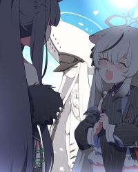  3girls akimaru_m animal_ear_fluff animal_ears black_dress black_hair blue_archive breasts china_dress chinese_clothes closed_eyes colored_skin commentary_request dress frilled_skirt frills grey_hair grey_halo hair_ornament hair_over_one_eye halo hat highres jacket kokona_(blue_archive) large_hat long_hair long_sleeves looking_at_another malkuth_(blue_archive) multicolored_hair multiple_girls open_mouth ponytail shun_(blue_archive) siblings single_off_shoulder sisters skirt small_breasts smile streaked_hair striped_clothes striped_dress striped_jacket symbol-shaped_pupils vertical-striped_clothes vertical-striped_jacket very_long_hair white_hair white_hat white_skin white_skirt x-shaped_pupils yellow_eyes 