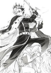  2boys belt blood braid bridal_gauntlets cape claws cookie_run cookie_run:_kingdom crown cuts facial_mark facial_tattoo forehead_mark gem gloves grin heart highres hol implied_yaoi injury long_hair military_uniform monochrome multicolored_hair multiple_boys pants pointy_ears protecting pure_vanilla_cookie pure_vanilla_cookie_(viridescent_daydream) shadow_milk_cookie_(an_ad-lib_ending) simple_background smile sword tattoo watermark weapon white_background wings 