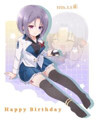  2girls :d ^_^ animalization anklet arm_at_side artist_name assault_lily beret black_hair black_shirt black_thighhighs blue_eyes blue_skirt blush breasts chibi closed_eyes closed_mouth commentary_request dated drop_shadow ear_piercing finger_heart frilled_skirt frills full_body gradient_background grid_background hand_on_animal hand_up happy_birthday hat heart herensuge_girls_academy_school_uniform heterochromia highres inoguchi_minto jacket jewelry jitome kagawa_makina leg_tattoo long_sleeves looking_at_viewer lying medium_breasts miniskirt mole mole_under_mouth morimoto_yuni multiple_girls no_shoes on_stomach parted_bangs partially_unbuttoned piercing pleated_skirt projected_inset purple_background purple_hair ring school_uniform shirt sitting skirt smile star_(symbol) star_symbol_background tattoo thigh-highs v-shaped_eyebrows violet_eyes white_background white_hat white_jacket yellow_background zettai_ryouiki 