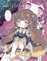  ... 1girl absurdres anya_melfissa anya_melfissa_(1st_costume) barefoot blush_stickers brown_hair character_name commentary_request detached_sleeves dress hands_on_own_knees highres hololive hololive_indonesia long_hair nibo_ume_katsu single_ankle_cuff sitting spoken_ellipsis star_(sky) starry_sky_background very_long_hair violet_eyes virtual_youtuber 