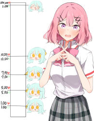  2girls absurdres amaori_renako ashigaya_high_school_uniform blue_hair blush_stickers bow bowtie collared_shirt commentary grey_skirt highres kiss_meter_(meme) koyanagi_kaho looking_at_viewer medium_hair meme multiple_girls nuooooodoomo pink_bow pink_bowtie pink_hair plaid_clothes plaid_skirt pleated_skirt school_uniform shirt simple_background skirt smile violet_eyes watashi_ga_koibito_ni_nareru_wake_naijan_murimuri! white_background white_shirt x_fingers yellow_eyes 
