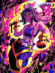 1girl abstract_background andaerz axe baggy_pants bare_shoulders belt black_hair breasts character_request copyright_request covered_navel fire_axe firefighter gloves highres holding holding_axe holding_weapon large_breasts long_hair looking_at_viewer overalls pants ribbed_sweater sleeveless sleeveless_sweater sweater weapon yellow_eyes yellow_gloves 