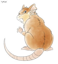  absurdres brown_fur buck_teeth commentary english_commentary highres looking_at_viewer looking_back mouse_(animal) no_humans painting_(medium) pokemon pokemon_(creature) raticate simple_background solo tail teeth traditional_media tymime watercolor_(medium) white_background 
