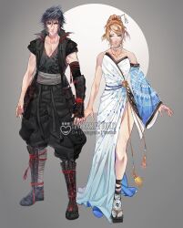  1boy 1girl alternate_costume artist_name bare_shoulders black_gloves black_hair black_pants blonde_hair blue_eyes closed_mouth collarbone commentary detached_sleeves dress english_commentary final_fantasy final_fantasy_xv fingerless_gloves full_body gloves grey_background grey_sash hair_ornament high_up highres ilabarattolo looking_at_viewer lunafreya_nox_fleuret noctis_lucis_caelum pants sandals short_hair short_sleeves single_detached_sleeve single_glove spiky_hair standing white_dress 