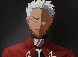  1boy archer_(fate) black_background chromatic_aberration code3755 commentary dark-skinned_female dark_skin fate/stay_night fate_(series) grey_eyes highres male_focus open_mouth portrait smile solo watermark white_hair 
