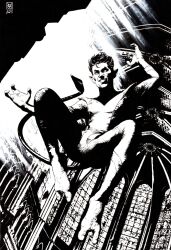  1boy backlighting black_hair bodysuit crack_of_light demon_tail dynamic_pose fewer_digits gloves highres kurt_wagner male_focus marvel monochrome nightcrawler pointy_ears realistic short_hair smile solo superhero_costume tail traditional_media valerio_giangiordano western_comics_(style) x-men 