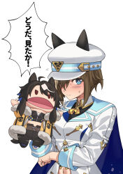  1girl absurdres ahoge ascot belt black_pants blue_belt blue_cape blue_eyes blue_hair bright_pupils brown_hair cape cheval_grand_(umamusume) coat commentary flying_sweatdrops fukuro_(maruaru00) fur-trimmed_coat fur_trim hand_puppet hat heart's_cry_(racehorse) highres imitating long_sleeves looking_at_viewer marche_lorraine_(umamusume) midriff_peek multicolored_hair navel original pants peaked_cap personification puppet short_hair sideways_glance simple_background solo speech_bubble sweatdrop translated two-tone_hair umamusume upper_body white_background white_hair white_hat yellow_ascot yellow_coat 