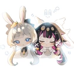  2girls :< animal_ears black_bow black_bowtie black_hair blue_eyes blush bow bowtie brown_hair carrot_hair_ornament closed_eyes closed_mouth columbina_(genshin_impact) commentary_request eye_mask fake_animal_ears food-themed_hair_ornament genshin_impact hair_bow hair_ornament hair_ribbon head_wings highres long_hair long_sidelocks mask multicolored_hair multiple_girls multiple_wings purple_hair purple_streaks rabbit_ears rabbit_girl ribbon sandrone_(genshin_impact) see-through_clothes see-through_mask short_hair_with_long_locks sidelocks simple_background streaked_hair tuzuriii_xx two-tone_hair very_long_hair white_bow white_bowtie white_mask white_wings wing_hair_ornament wings x-shaped_eyewear 