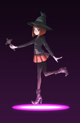  1girl black_boots black_hat black_jacket black_pantyhose bob_cut boots closed_mouth commentary_request danganronpa_(series) danganronpa_v3:_killing_harmony full_body hat high_heel_boots high_heels highres holding holding_wand jacket long_sleeves macoso pantyhose pointy_boots purple_background red_eyes red_hair red_skirt short_hair skirt smile solo standing standing_on_one_leg wand witch_hat yumeno_himiko 