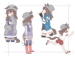  1girl animal_ears beanie beer_hsk black_gloves blue_jacket boots brown_hair candy commentary_request cropped_legs ears_through_headwear fingerless_gloves food gloves grey_hat grey_jacket grey_thighhighs gym_shirt gym_shorts gym_uniform hair_between_eyes hat holding holding_candy holding_food holding_lollipop hood hood_down hooded_jacket horse_ears horse_girl horse_tail jacket lollipop long_hair long_sleeves multiple_views nakayama_festa_(umamusume) one_eye_closed open_clothes open_jacket open_mouth pleated_skirt puffy_long_sleeves puffy_short_sleeves puffy_sleeves purple_shirt purple_skirt purple_thighhighs red_boots red_shorts red_sweater school_uniform see-through_clothes shirt shoes short_sleeves shorts skirt sleeves_past_fingers sleeves_past_wrists striped_clothes striped_headwear sweater tail thigh-highs thighhighs_under_boots tracen_school_uniform umamusume vertical-striped_clothes vertical-striped_headwear violet_eyes white_background white_shirt white_shoes white_skirt 