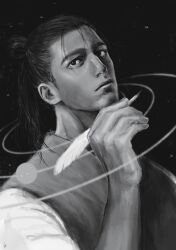  1boy chi.:_chikyuu_no_undou_ni_tsuite closed_mouth greyscale hair_bun highres holding holding_quill k05062688 lips male_focus medium_hair monochrome nose oczy orbital_path quill shirt sideburns solar_system solo upper_body vest 