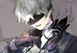  1boy 9s_(nier:automata) black_gloves black_jacket black_visor blindfold covered_eyes enmokuritsu-d gloves grey_background grey_hair hair_between_eyes jacket male_focus nier:automata nier_(series) parted_lips short_hair sketch solo teeth upper_body upper_teeth_only 