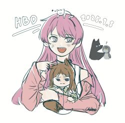  2girls absurdres animal_ears animalization bang_dream! bang_dream!_it's_mygo!!!!! bird blue_eyes blush brown_hair cat chihaya_anon chiino_exe chinese_commentary commentary_request dated fox_ears fox_girl fox_tail grey_eyes happy_birthday highres jacket kaname_raana kemonomimi_mode long_hair multiple_girls mygo!!!!!_(bang_dream!) nagasaki_soyo open_mouth penguin pink_hair pink_jacket raana_the_cat shiina_taki tail takamatsu_tomori tank_top teeth unfinished upper_teeth_only white_tank_top wolf 
