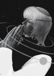  1boy badeni chi.:_chikyuu_no_undou_ni_tsuite closed_eyes closed_mouth eyepatch fingernails greyscale highres k05062688 lips male_focus monochrome nose orbital_path own_hands_together praying scar scar_on_face scar_on_lip scar_on_mouth scar_on_nose solar_system solo tabard upper_body 