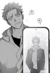  1boy 1other ? age_progression anongoatnnn cellphone closed_mouth gakuran greyscale hand_in_pocket highres hood hood_down hooded_jacket itadori_yuuji jacket jacket_over_hoodie jujutsu_kaisen jujutsu_kaisen_modulo looking_at_another male_focus monochrome multiple_scars pants phone scar scar_on_face scar_on_forehead scar_on_mouth school_uniform short_hair simple_background smartphone spoken_question_mark spot_color translation_request undershirt white_background yellow_eyes 