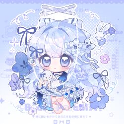  1girl :o barefoot blue_background blue_dress blue_eyes blue_hair blush chibi chibi_only doll_joints dress full_body gradient_background hair_intakes highres holding holding_stuffed_toy joints long_hair long_sleeves open_mouth original outline puppet_strings rabbit sample_watermark solo standing stuffed_animal stuffed_rabbit stuffed_toy watermark white_outline yikemaohetao 