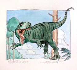  absurdres afrovenator animal_focus clouds commentary dinosaur fern highres no_humans open_mouth original outside_border painting_(medium) paleoart pink_eyes sharp_teeth shin'ichiroo solo teeth theropod traditional_media tree watercolor_(medium) 