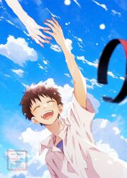  25mocoa 2boys arm_up blue_shirt blue_sky brown_hair closed_eyes clouds collared_shirt commentary dss_choker ikari_shinji male_focus multiple_boys nagisa_kaworu neon_genesis_evangelion open_mouth out_of_frame pale_skin rebuild_of_evangelion shirt short_hair sky undershirt upper_body watermark white_shirt 