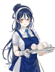  1girl alternate_costume apron blue_apron blue_hair blue_necktie breasts collared_dress commentary_request cowboy_shot dress food gloves gonglijeongli grey_hairband hairband highres holding holding_tray iizunamaru_megumu long_hair looking_at_viewer medium_breasts necktie onigiri parted_lips pointy_ears ponytail red_eyes short_sleeves simple_background smile solo touhou tray white_background white_dress white_gloves 