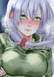  1girl arms_under_breasts bloodshot_eyes blush breasts closed_mouth commentary_request crossed_arms eyes_visible_through_hair green_eyes green_pajamas grey_hair hair_between_eyes hair_ornament hair_scrunchie hair_spread_out heaven_burns_red heavy_breathing izumi_yuki_(heaven_burns_red) large_breasts lips long_hair looking_at_viewer lying nervous_sweating noir_(nowaru) nose_blush on_side pajamas red_scrunchie scrunchie signature sketch solo sweat upper_body wavy_mouth wide-eyed 