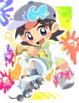  1girl adeleine alternate_costume baseball_cap black_hair blush_stickers grey_headwear hat highres holding holding_paintbrush hood hoodie kirby_(series) kirby_64 ksni_tbn open_mouth paint_can paint_splatter paintbrush roller_skates skates smile solo star_(symbol) v-shaped_eyebrows 