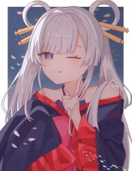  1girl blue_kimono blush border cho_kaguya-hime! closed_mouth commentary hair_rings highres index_finger_raised japanese_clothes kimono long_hair off_shoulder one_eye_closed outside_border raire_41 runami_yachiyo solo tongue tongue_out twintails violet_eyes white_border white_hair 