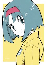  1girl border closed_mouth commentary erika_(pokemon) from_side hairband highres japanese_clothes kimono looking_to_the_side meru_merume603 outside_border pokemon pokemon_frlg red_hairband short_hair smile solo split_mouth upper_body white_border yellow_background yellow_kimono 