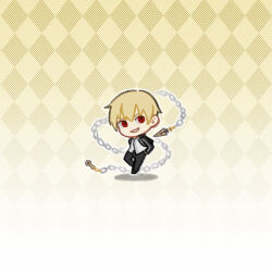 1boy black_jacket black_pants black_shoes blonde_hair chain chibi clenched_teeth commentary_request cropped_jacket fate_(series) full_body gilgamesh_(fate) gilgamesh_(immoral_biker_jacket)_(fate) jacket long_sleeves male_focus open_clothes open_jacket pants raisakaki01 red_eyes shirt shoes short_hair smile solo teeth weapon white_shirt 