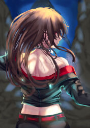  1girl back bare_shoulders belt black_choker black_pants blurry blurry_background brown_hair choker closed_mouth commentary_request cowboy_shot floating_hair heaven_burns_red highres long_hair looking_at_viewer looking_back midriff noir_(nowaru) nose official_alternate_costume pants profile red_belt red_eyes signature smile solo yanagi_mion 