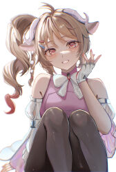  0_tsunamayo_0 1girl absurdres animal_ears ardelia_(arknights) arknights arknights:_endfield black_pantyhose breasts commentary_request eyjafjalla_(arknights) fingerless_gloves gloves highres horns long_hair looking_at_viewer medium_breasts pantyhose pink_eyes pink_hair pink_shirt sheep_ears sheep_girl sheep_horns shirt side_ponytail simple_background smile solo white_background white_gloves 