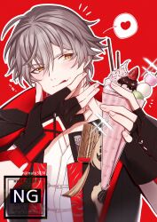  1boy bishie_sparkle black_gloves black_jacket blush caelus_(honkai:_star_rail) caelus_(vim_and_vigor)_(honkai:_star_rail) closed_mouth collarbone commentary_request cream crepe dango fingerless_gloves fingernails food fruit gloves grey_hair hair_between_eyes hand_on_own_chin hands_up heart highres holding holding_crepe holding_food honkai:_star_rail honkai_(series) hood hooded_jacket jacket licking long_sleeves looking_at_food male_focus nabi3838 notice_lines official_alternate_costume open_clothes open_jacket red_background red_jacket shirt short_hair simple_background skewer smile solo speech_bubble spoken_heart strawberry t-shirt tassel tongue tongue_out trailblazer_(honkai:_star_rail) two-sided_fabric two-sided_jacket upper_body wagashi watermark white_shirt yellow_eyes 