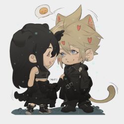  1boy 1girl 4k1030 animal_ears apron bare_shoulders black_apron black_gloves black_hair black_shirt black_shorts black_vest blonde_hair blue_eyes cat_ears cat_tail closed_mouth cloud_strife crop_top detached_sleeves earrings final_fantasy final_fantasy_vii final_fantasy_vii:_advent_children full_body gloves heart highres jewelry kemonomimi_mode long_hair looking_at_another midriff_peek motion_lines open_mouth shirt shorts single_detached_sleeve single_shoulder_pad sleeveless sleeveless_shirt smile spiky_hair standing stud_earrings tail tifa_lockhart vest waist_apron 