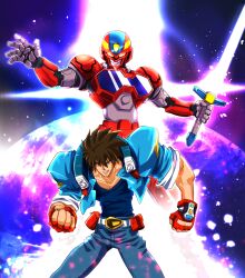  1boy armor breastplate character_request check_character clenched_hand danzaiver energy_sword eretzvaju full_armor game_console gauntlets glowing glowing_eyes glowing_sword glowing_weapon helmet highres male_focus pauldrons playstation_1 power_armor red_armor red_helmet sakurajyousui_nami shoulder_armor sword t-back tokusatsu weapon 