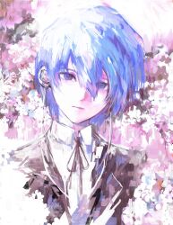  1boy black_jacket black_ribbon blue_eyes blue_hair cherry_blossoms closed_mouth collared_shirt double-parted_bangs flower gekkoukan_high_school_uniform gou_tou21081 hair_between_eyes headphones highres jacket male_focus neck_ribbon persona persona_3 pink_flower ribbon school_uniform shirt solo suit_jacket upper_body white_shirt wing_collar yuuki_makoto_(persona_3) 