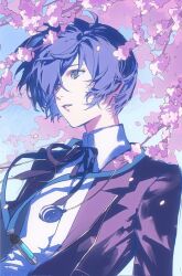  1boy black_jacket blue_eyes blue_hair cherry_blossoms commentary_request flower gekkoukan_high_school_uniform headphones highres jacket looking_afar moskk884006 mp3_player neck_ribbon parted_lips persona persona_3 petals pink_flower pink_petals ribbon school_uniform shirt solo white_shirt yuuki_makoto_(persona_3) 