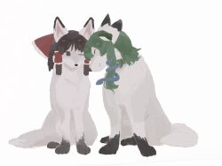  animal animalization bow brown_eyes brown_hair closed_eyes closed_mouth clothed_animal commentary fox frilled_bow frilled_hair_tubes frills frog_hair_ornament green_hair hair_bow hair_ornament hair_tubes hakurei_reimu hakurei_reimu_(fox) highres kochiya_sanae no_humans red_bow simple_background single_hair_tube smile snake_hair_ornament tktkhappymchyru touhou white_background 