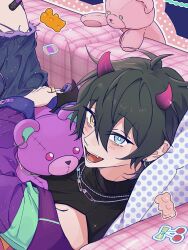  1boy bandaid bandaid_on_knee bandaid_on_leg black_hair blue_eyes bright_pupils cherry demon_horns earrings ensemble_stars! feature_scout_2_(ensemble_stars!) fingernails food fruit hair_between_eyes heterochromia highres horns jewelry kagehira_mika looking_at_viewer male_focus multiple_necklaces necklace official_alternate_costume open_mouth pants purple_nails ring safety_pin seogil short_hair smile solo stuffed_animal stuffed_toy teddy_bear torn_clothes torn_pants white_pupils yellow_eyes 