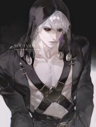  1boy abs ansdeveur artist_name bare_pectorals belt black_belt black_coat black_hood black_sclera chest_harness closed_mouth coat collarbone colored_sclera commentary english_commentary gradient_background harness highres hood hood_up jojo_no_kimyou_na_bouken long_sleeves looking_at_viewer male_focus open_clothes open_coat pectorals red_eyes risotto_nero short_hair solo toned toned_male twitter_username upper_body vento_aureo white_hair 