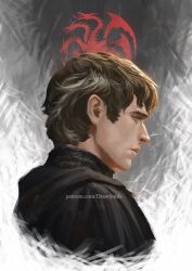  1boy a_knight_of_the_seven_kingdoms a_song_of_ice_and_fire brown_hair commentary dragon_background draw_souls english_commentary from_side grey_background grey_hair half-closed_eye male_focus multicolored_hair patreon_username portrait profile sad short_hair solo streaked_hair two-tone_background valarr_targaryen web_address white_background white_streaks 