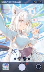  4girls absurdres ahoge animal_ears arm_up blue_eyes closed_mouth commentary day english_commentary fake_phone_screenshot fake_screenshot fox_ears fox_girl fox_shadow_puppet fox_tail hair_ornament hakos_baelz highres hololive hololive_english hoshimachi_suisei hyde_(tabakko) jewelry long_hair looking_at_viewer multiple_girls necklace one_eye_closed outdoors sakura_miko selfie shirakami_fubuki smile solo_focus symbol_in_eye tail taking_picture virtual_youtuber white_hair 