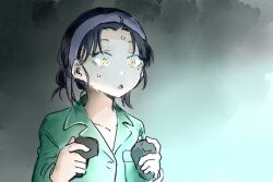  1girl black_hair breast_pocket cho_kaguya-hime! collarbone commentary_request controller game_controller gradient_background green_background green_shirt holding holding_controller holding_game_controller mole mole_under_eye open_mouth pajamas pocket python_octopus sakayori_iroha shirt solo sweat upper_body watercolor_background yellow_eyes 