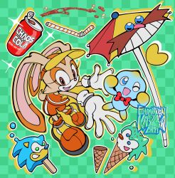  1boy 1girl absurdres animal_ears bare_shoulders blue_eyes bow bowtie brand_name_imitation brown_eyes can chao_(sonic) checkered_background cheese_(sonic) child cream_the_rabbit dr._eggman drink_can drinking_straw food full_body furry furry_female furry_male gloves green_background green_eyes hat heart highres holding holding_food holding_ice_cream ice_cream ice_cream_cone kaylla long_eyelashes looking_at_viewer melting multicolored_shoes one_eye_closed open_mouth orange_eyes orange_fur orange_shirt orange_shoes orange_shorts orange_theme parasol popsicle rabbit rabbit_ears rabbit_girl rabbit_tail red_bow see-through_clothes see-through_headwear shirt shoes shorts single_horizontal_stripe sleeveless sleeveless_shirt smile soda soda_can sonic_(series) sonic_popsicle sonic_riders_(series) star_(symbol) star_print striped_clothes striped_shorts tail two-tone_shoes umbrella vertical-striped_clothes vertical-striped_shorts very_long_ears visor_cap white_gloves yellow_shoes 