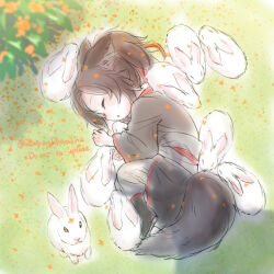  1boy age_regression aged_down animal animal_ear_fluff animal_ears animal_hug black_boots black_hanfu boots brown_hair child chinese_clothes closed_eyes commentary_request dated day flower fox_boy fox_ears fox_tail from_above full_body grass grey_pants grey_sash hair_ribbon hanfu holding holding_animal holding_rabbit kemonomimi_mode leaf long_sleeves lying male_focus miu_vocalo modao_zushi on_ground on_side orange_flower outdoors pants parted_bangs parted_lips petals ponytail puffy_pants rabbit rabbit_ears rabbit_tail red_ribbon red_sash ribbon robe sash sketch sleeping solo surrounded tail twitter_username wei_wuxian white_rabbit_(animal) wide_sleeves 