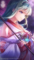  1girl bare_shoulders bell black_hairband blurry blurry_background bow breasts closed_mouth copyright_name copyright_notice eyelashes floating_hair from_side glint green_hair hair_intakes hairband hands_up heaven_burns_red highres holding holding_umbrella japanese_clothes jingle_bell kimono large_breasts long_hair long_sleeves looking_down murofushi_risa murofushi_risa_(tonight_under_the_cherry_blossoms'_brilliance) nontraditional_miko official_alternate_costume official_alternate_hairstyle official_art official_wallpaper oil-paper_umbrella pinky_out red_bow red_sash red_umbrella red_wrist_cuffs sash sidelocks smile solo swept_bangs tassel umbrella upper_body violet_eyes white_kimono wide_sleeves wrist_cuffs 