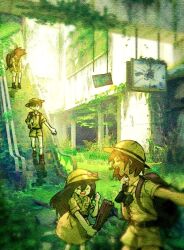  1girl 3boys alternate_costume aubrey_(faraway)_(omori) aubrey_(omori) backpack bag binoculars bow brothers brown_hair closed_eyes commentary_request dark-skinned_male dark_skin double-parted_bangs escalator hair_between_eyes hands_on_own_knees hat hero_(faraway)_(omori) hero_(omori) indoors kel_(faraway)_(omori) kel_(omori) korean_commentary long_hair looking_at_another multiple_boys omori omori_0614 open_mouth overgrown pink_bow ruins short_hair siblings smile socks sunny_(omori) teeth upper_teeth_only white_socks 