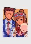  1boy 1girl ace_attorney blowing blue_eyes blue_jacket bow bowtie brown_hair closed_eyes collared_shirt ema_skye eyewear_on_head fingerprint glasses half_updo highres jacket lab_coat long_hair necktie phoenix_wright pink-tinted_eyewear red_bow red_bowtie red_necktie shirt short_hair spiky_hair tinted_eyewear upper_body white_shirt wwwsumiso 